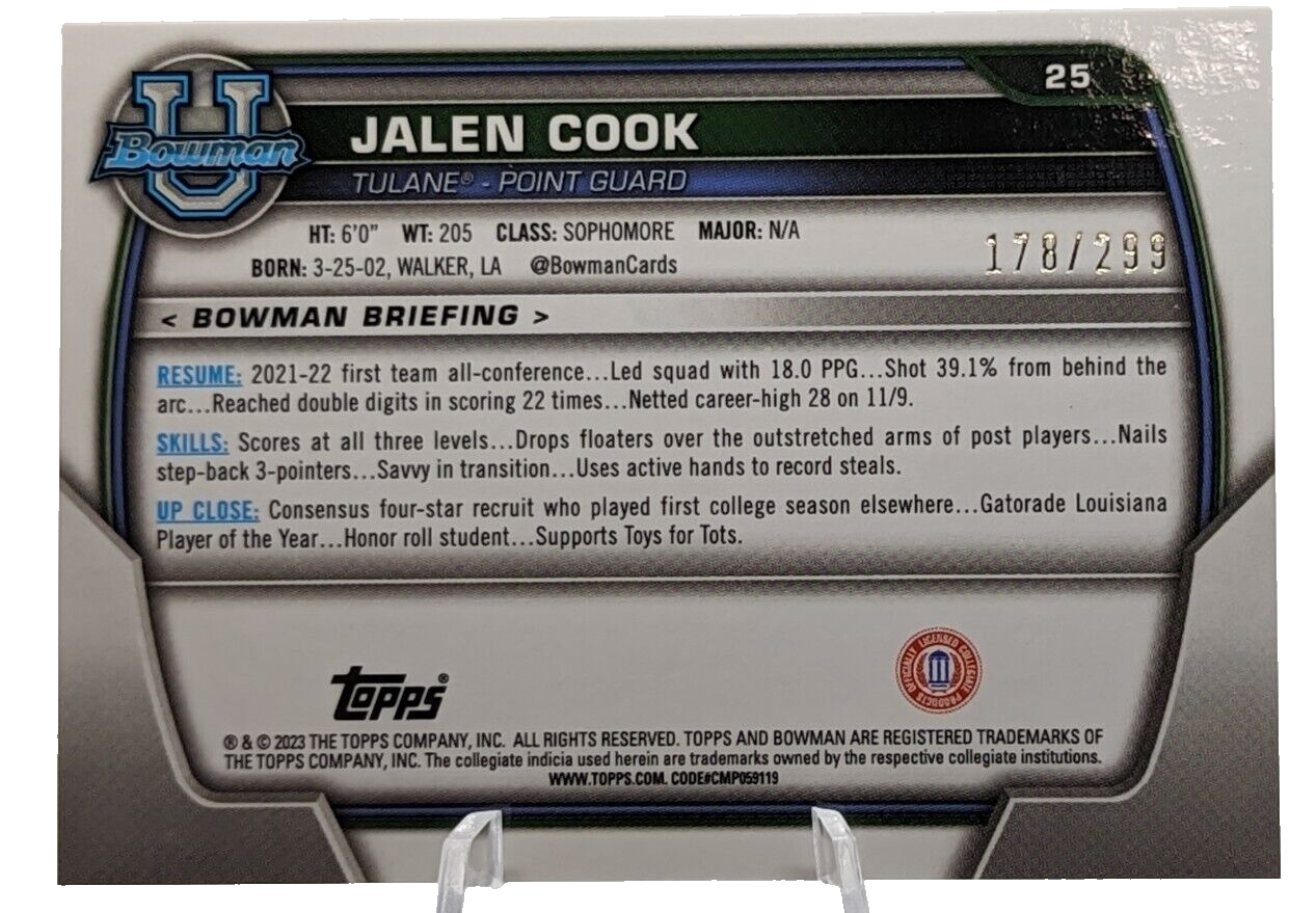 Jalen Cook [Aqua] /299 #25 2022 Bowman Chrome University 1st Bowman