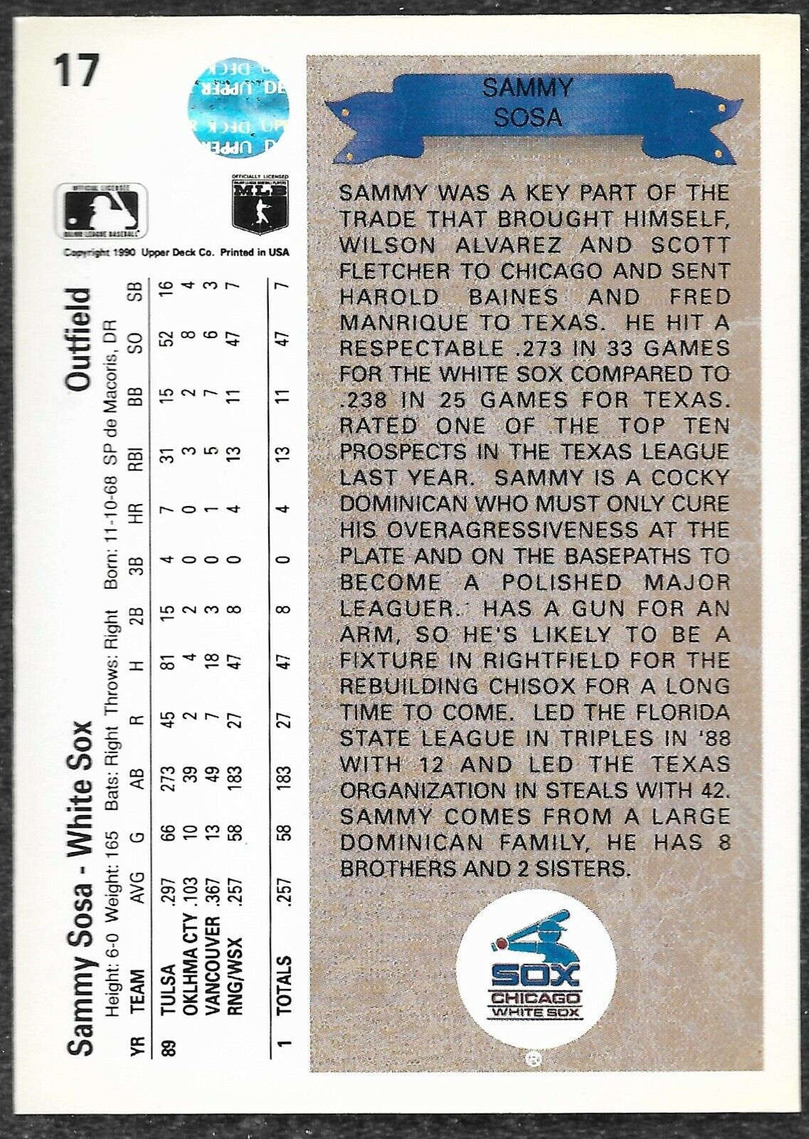 Sammy Sosa #17 - 1990 Upper Deck Star Rookie - Chicago White Sox