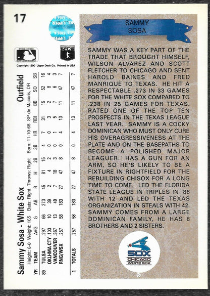 Sammy Sosa #17 - 1990 Upper Deck Star Rookie - Chicago White Sox