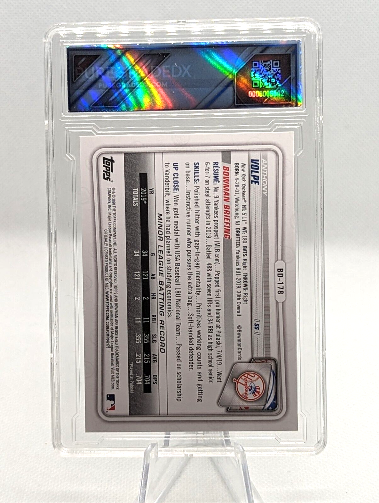 Anthony Volpe #BD-178 2020 Bowman Draft NY Yankees Graded 9.5