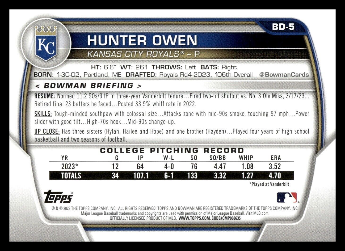 2023 Bowman Draft 1st  #BD-5 Hunter Owen Kansas City Royals Baseball Card