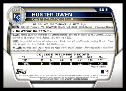 2023 Bowman Draft 1st  #BD-5 Hunter Owen Kansas City Royals Baseball Card
