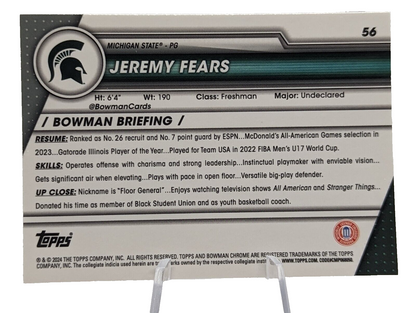 2023-24 Bowman Chrome U Sapphire Jeremy Fears #56 Michigan State