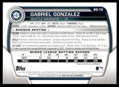 Gabriel Gonzalez 2023 Bowman Draft #BD-72 Seattle Mariners Prospect