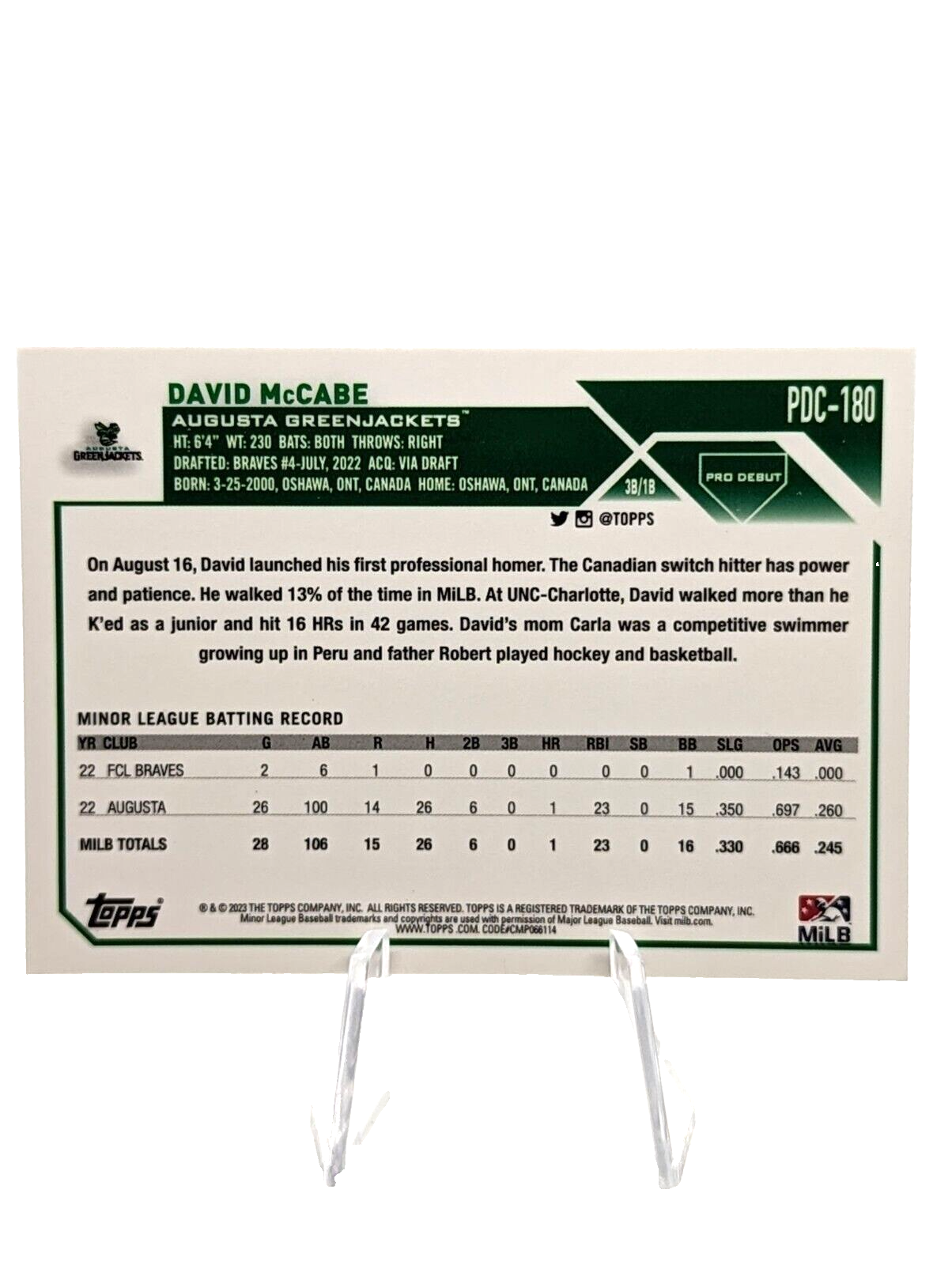 David McCabe - 2023 Topps Pro Debut Chrome #PDC-180 Braves Greenjackets