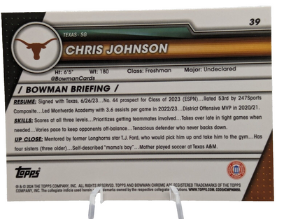 2023-24 Bowman Chrome U Sapphire Chris Johnson #39 Texas