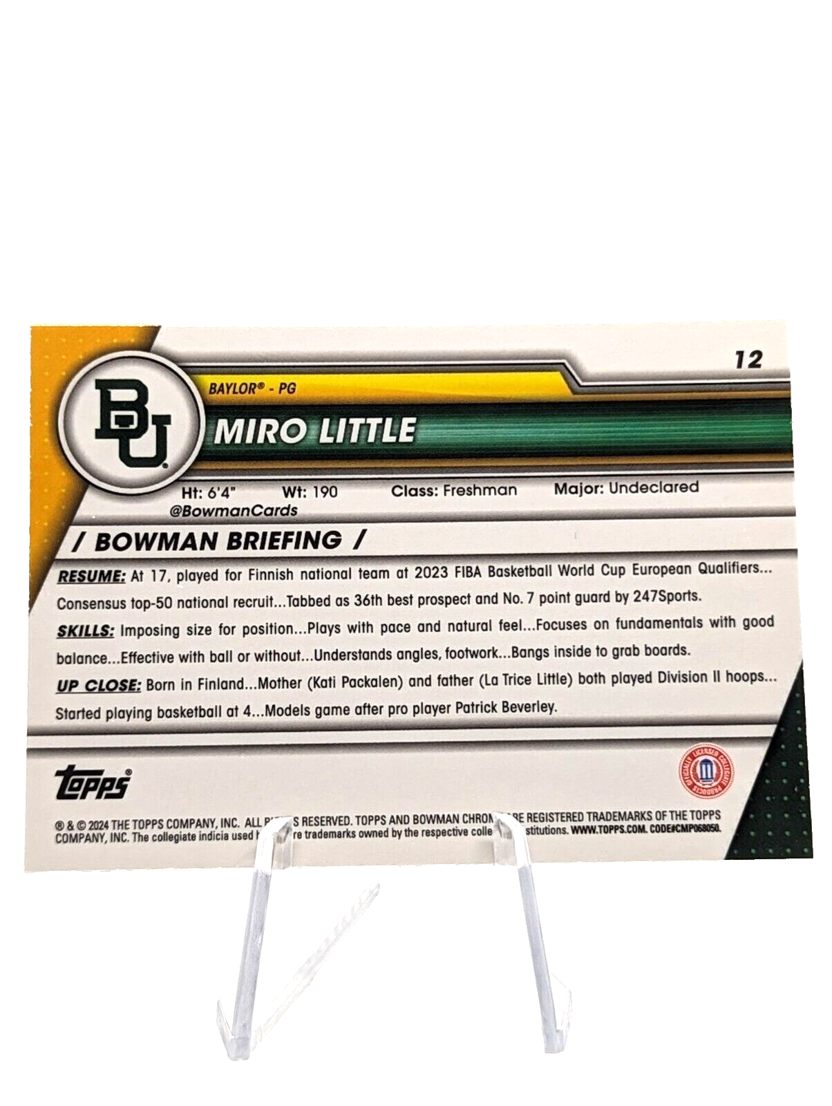 2023-24 Bowman Chrome U Sapphire Miro Little #12 1st Baylor