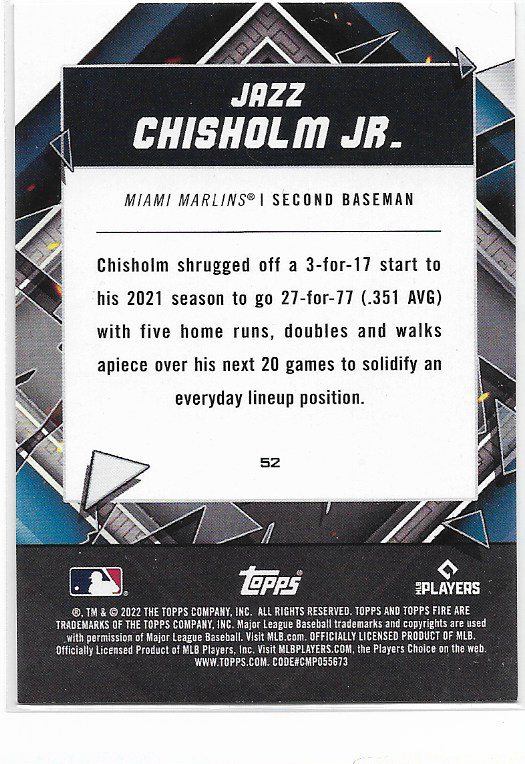 Jazz Chisholm Jr. #52 2022 Topps Fire Miami Marlins