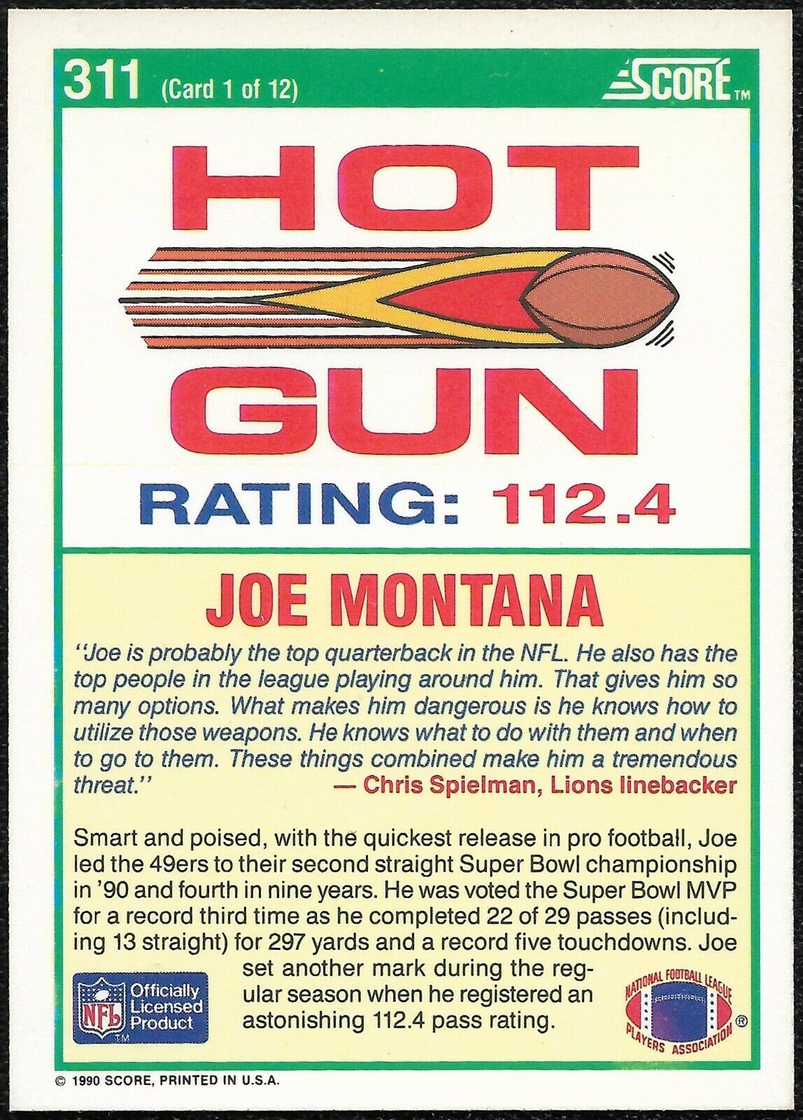 Joe Montana #311 1990 Panini Score San Fransico 49ers