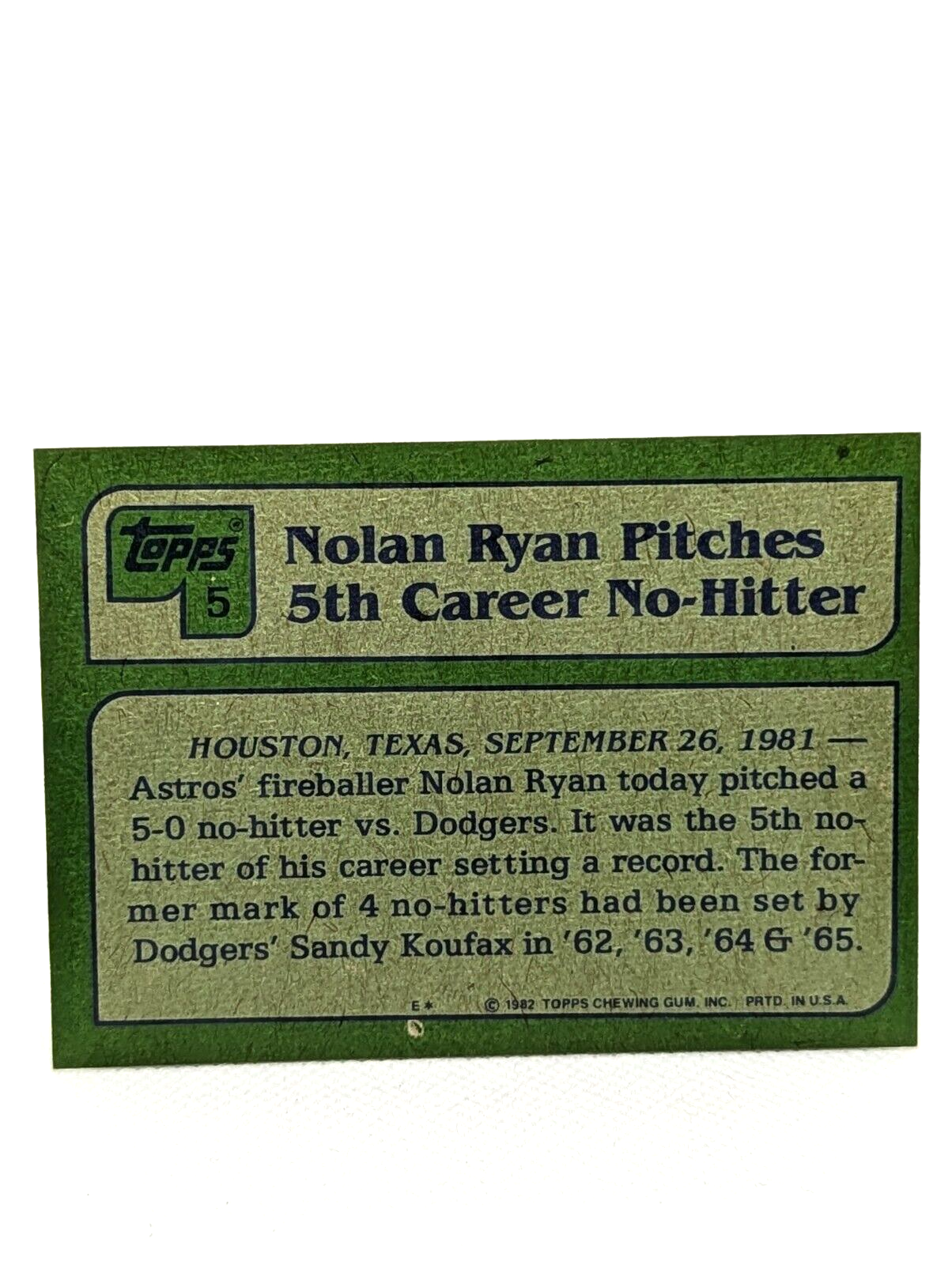 1982 Topps Nolan Ryan HIGHLIGHT #5 - Houston Astros