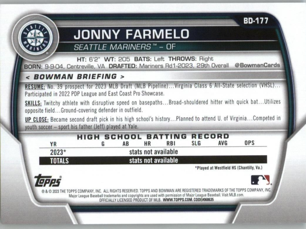 Jonny Farmelo 2023 Bowman Draft BD-177 Seattle Mariners Prospect 1st