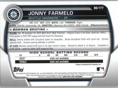 Jonny Farmelo 2023 Bowman Draft BD-177 Seattle Mariners Prospect 1st