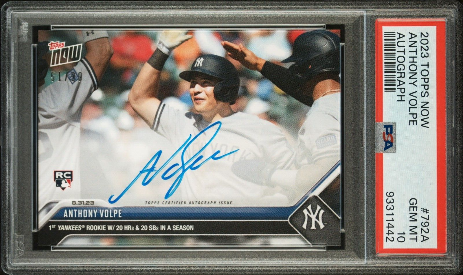 ANTHONY VOLPE- PSA 10 AUTO - 2023 TOPPS NOW 792A AUTOGRAPH YANKEES 20 HR 20 SB