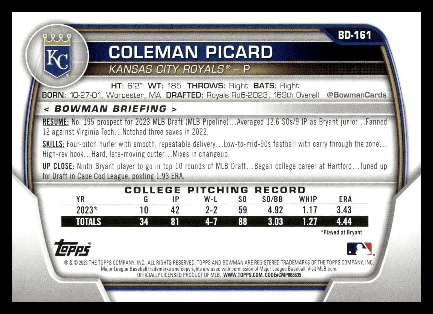 2023 Bowman Draft #BD-161 Coleman Picard Kansas City Royals 1st Baseball Card