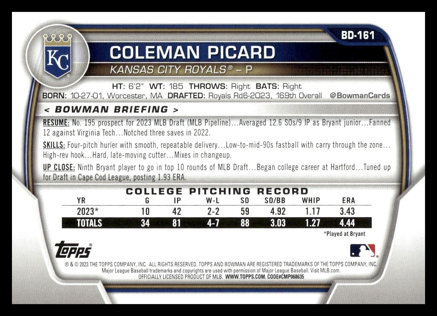 2023 Bowman Draft #BD-161 Coleman Picard Kansas City Royals 1st Baseball Card