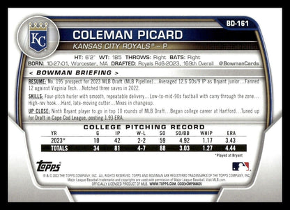 2023 Bowman Draft #BD-161 Coleman Picard Kansas City Royals 1st Baseball Card