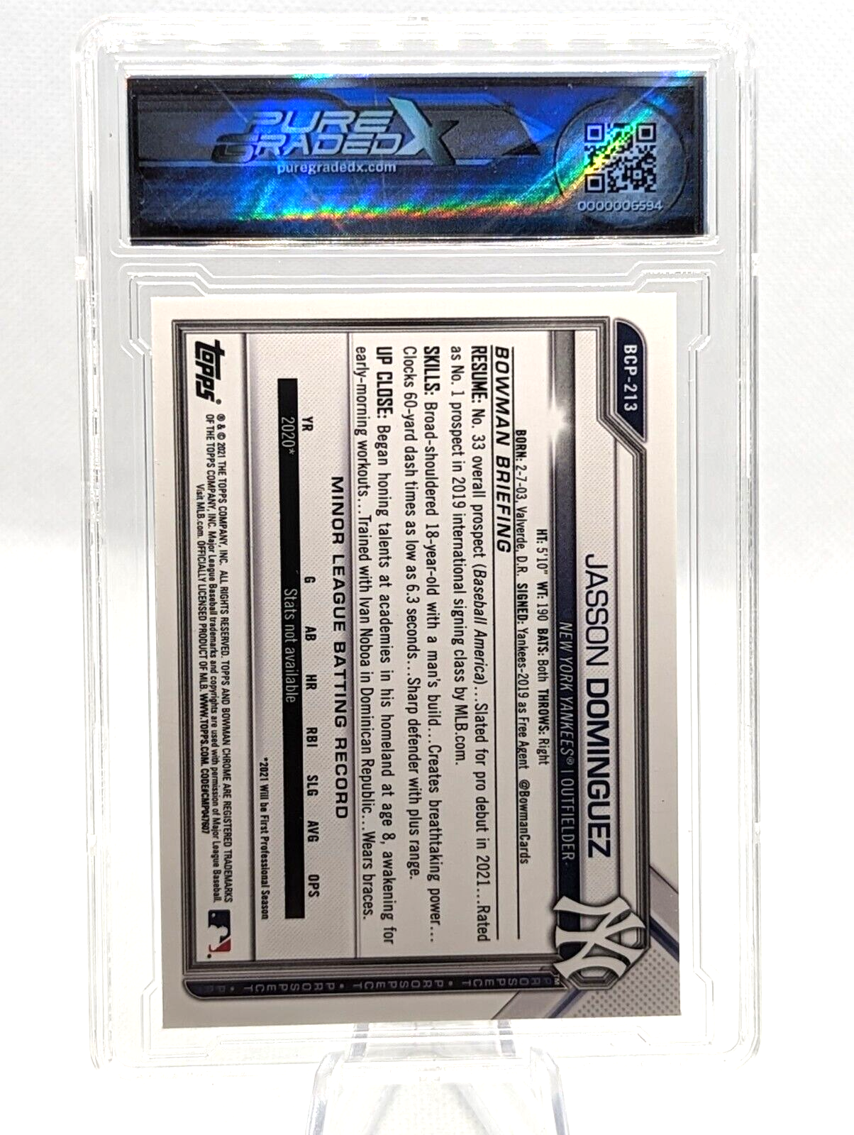 Jasson Dominguez #BCP-213 2021 Bowman Chrome Prospects NY Yankees Graded 9.5