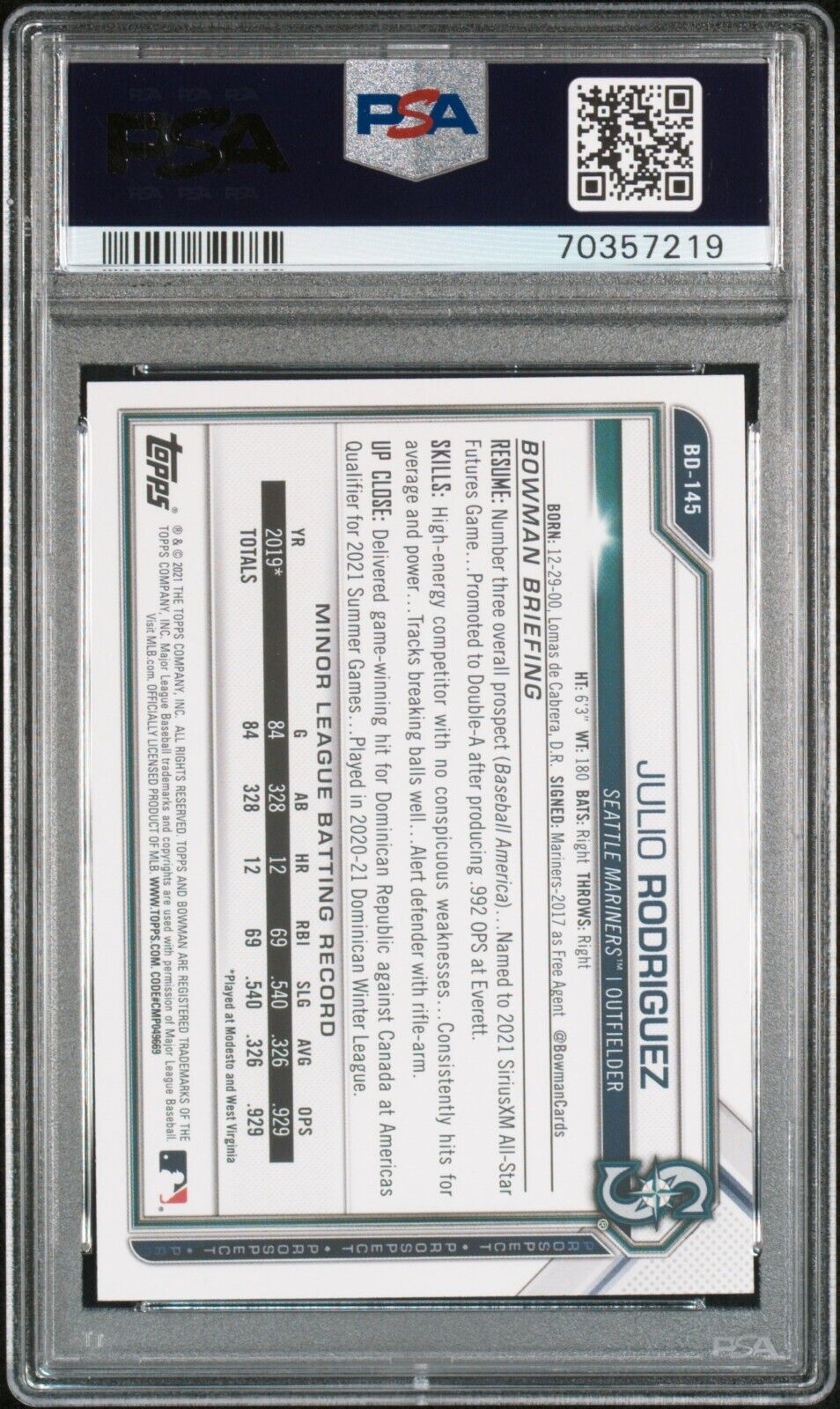Julio Rodriguez #BD-145 PSA 9 2021 Bowman Draft Rookie Card RC 