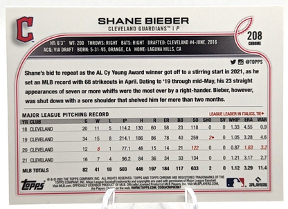 2022 Topps Chrome Shane Bieber Baseball Card #208 - Buy It Now with FREE SHIPPIN