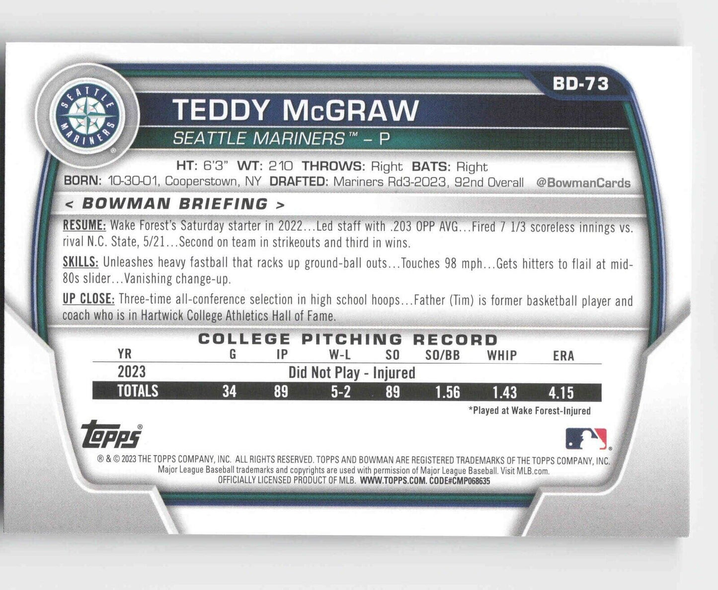 Teddy McGraw 2023 Bowman Draft #BD-73 Mariners Prospect 1st