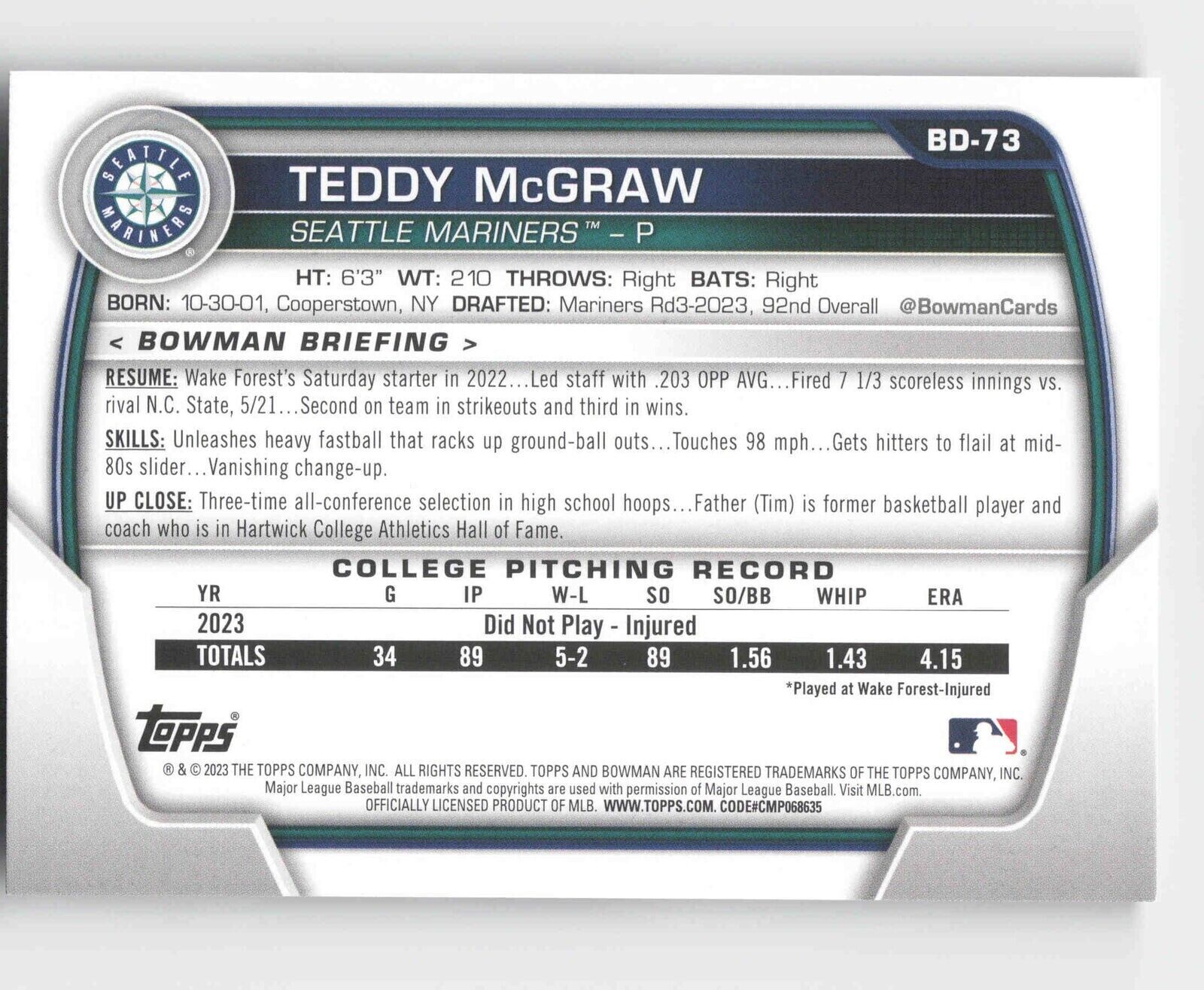 Teddy McGraw 2023 Bowman Draft #BD-73 Mariners Prospect 1st