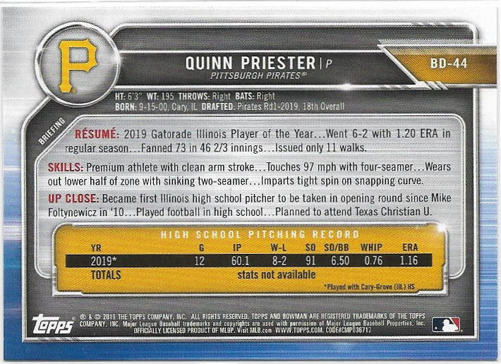 Quinn Priester #BD-44 2019 Bowman Draft 1st Bowman Pittsburgh Pirates