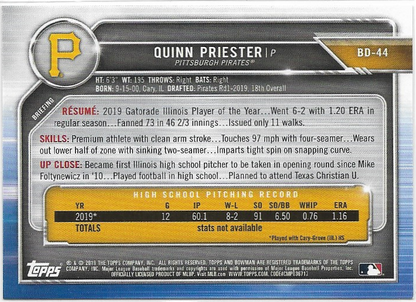 Quinn Priester #BD-44 2019 Bowman Draft 1st Bowman Pittsburgh Pirates