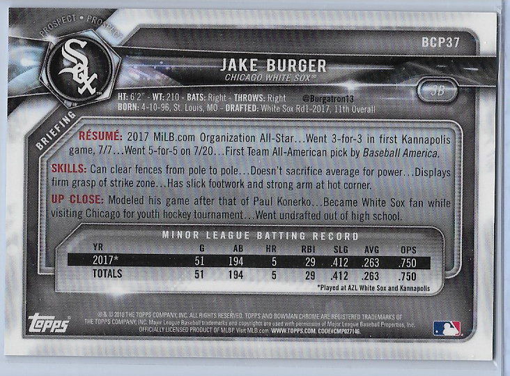 Jake Burger Blue Shimmer Refractor #BCP-37 2018 Bowman Chrome Prospects