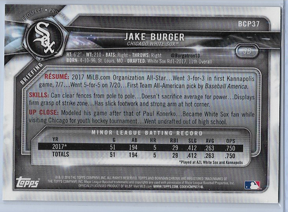 Jake Burger Blue Shimmer Refractor #BCP-37 2018 Bowman Chrome Prospects