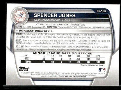 2023 Bowman Draft Spencer Jones #BD-196 New York Yankees Prospect