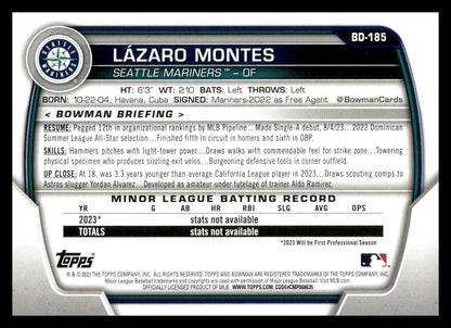 Lazaro Montes 2023 Bowman Draft #BD-185 Seattle Mariners Baseball Card