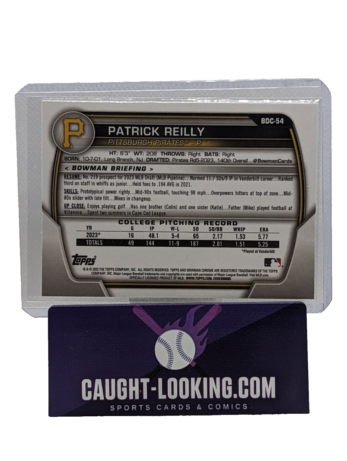 Patrick Reilly - 2023 Bowman Draft Chrome #BDC-54 1st Bowman Pirates Prospect