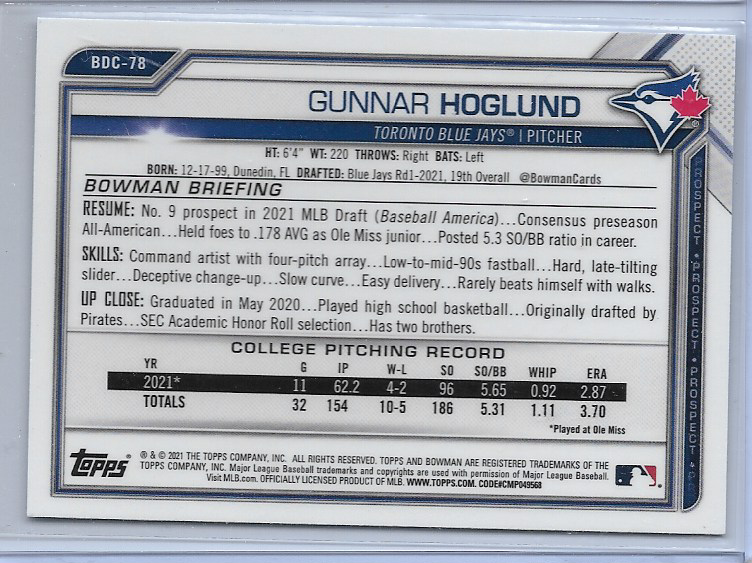 GUNNAR HOGLUND #BDC-78 2021 Bowman Draft Sky Blue Refractor - Blue Jays