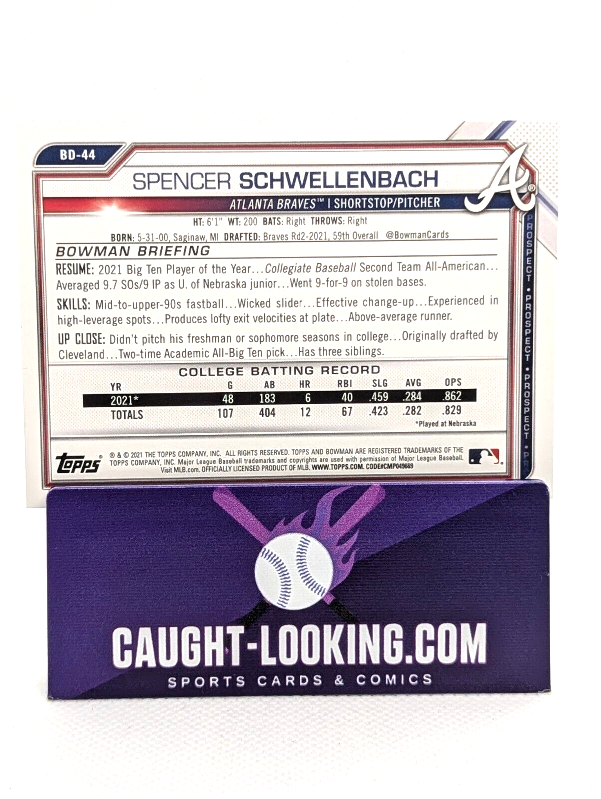 Spencer Schwellenbach - 2021 Bowman Draft #BD-44 1st Bowman  Atlanta Braves