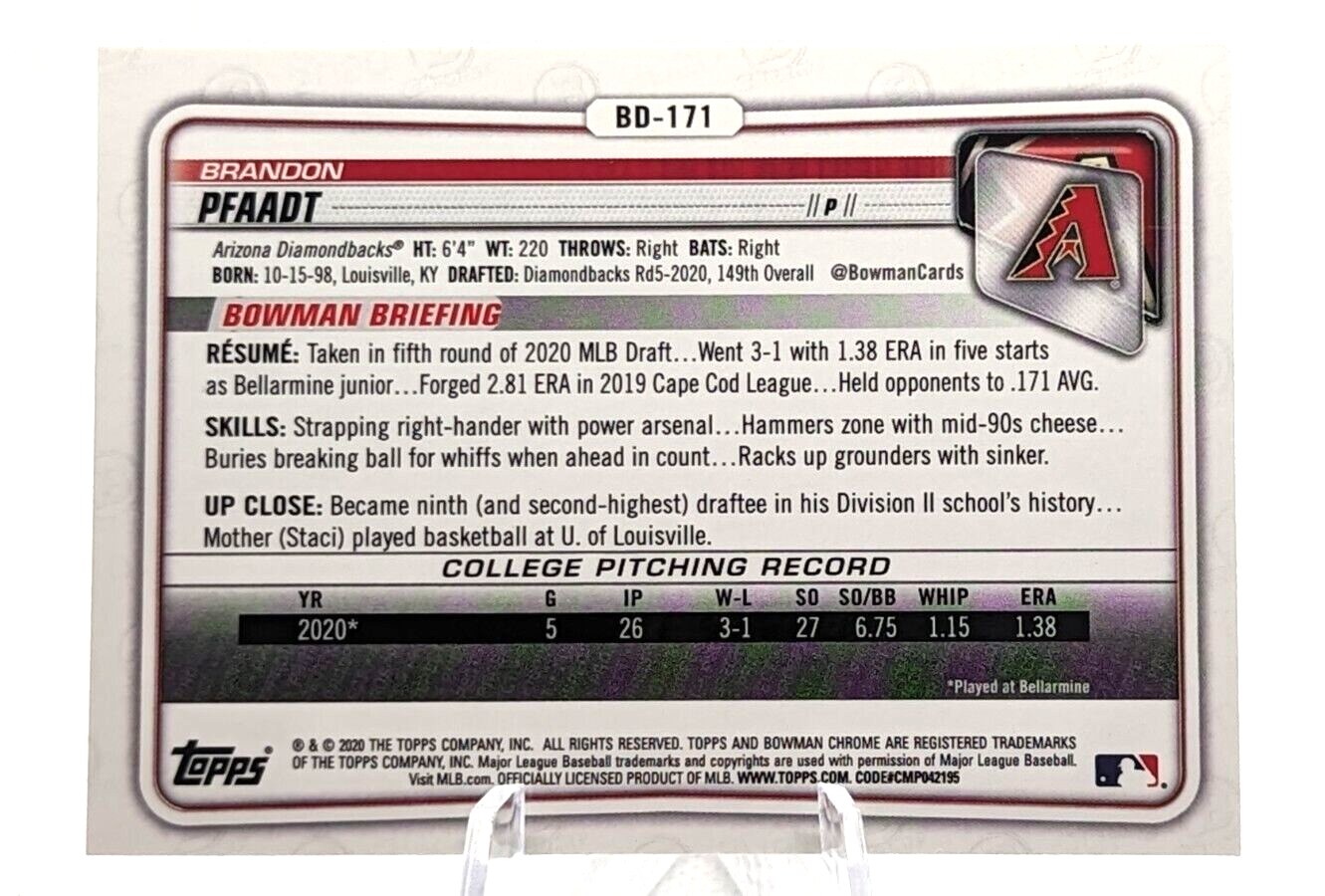 Brandon Pfaadt #BD-171 2020 Bowman Draft 1st Bowman