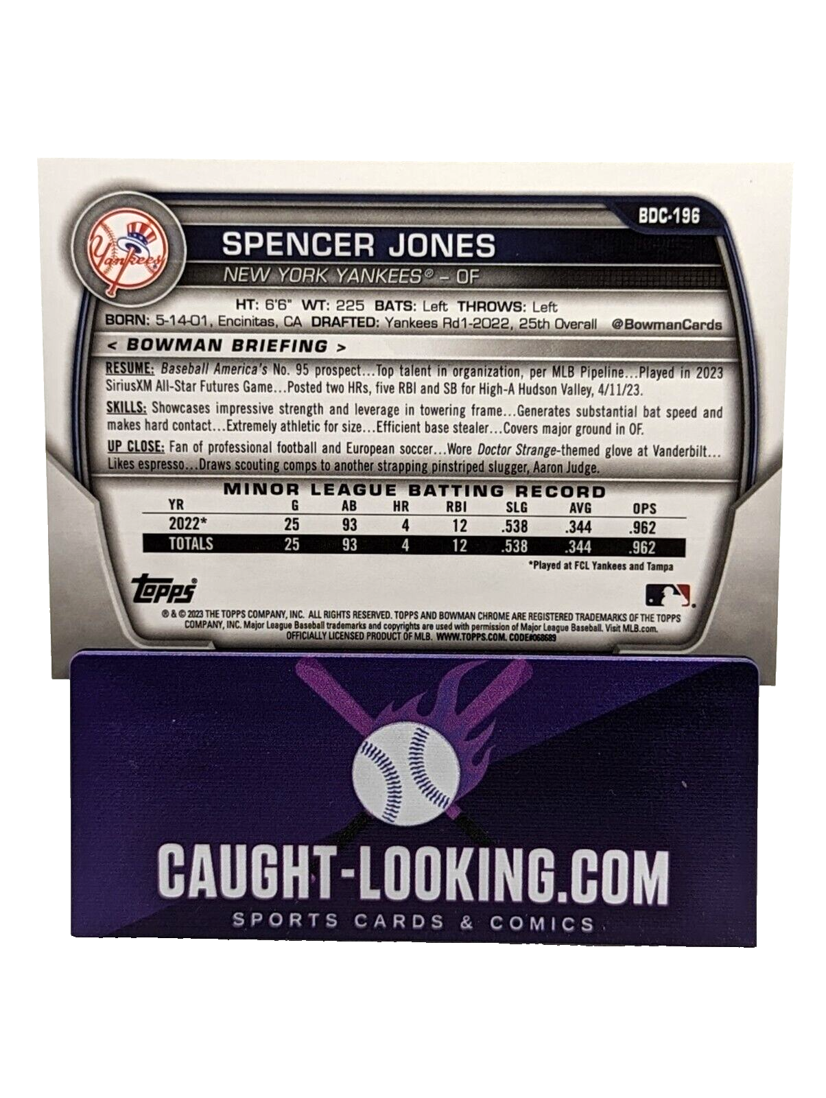 Spencer Jones - 2023 Bowman Draft Chrome #BDC196 Yankees Prospect