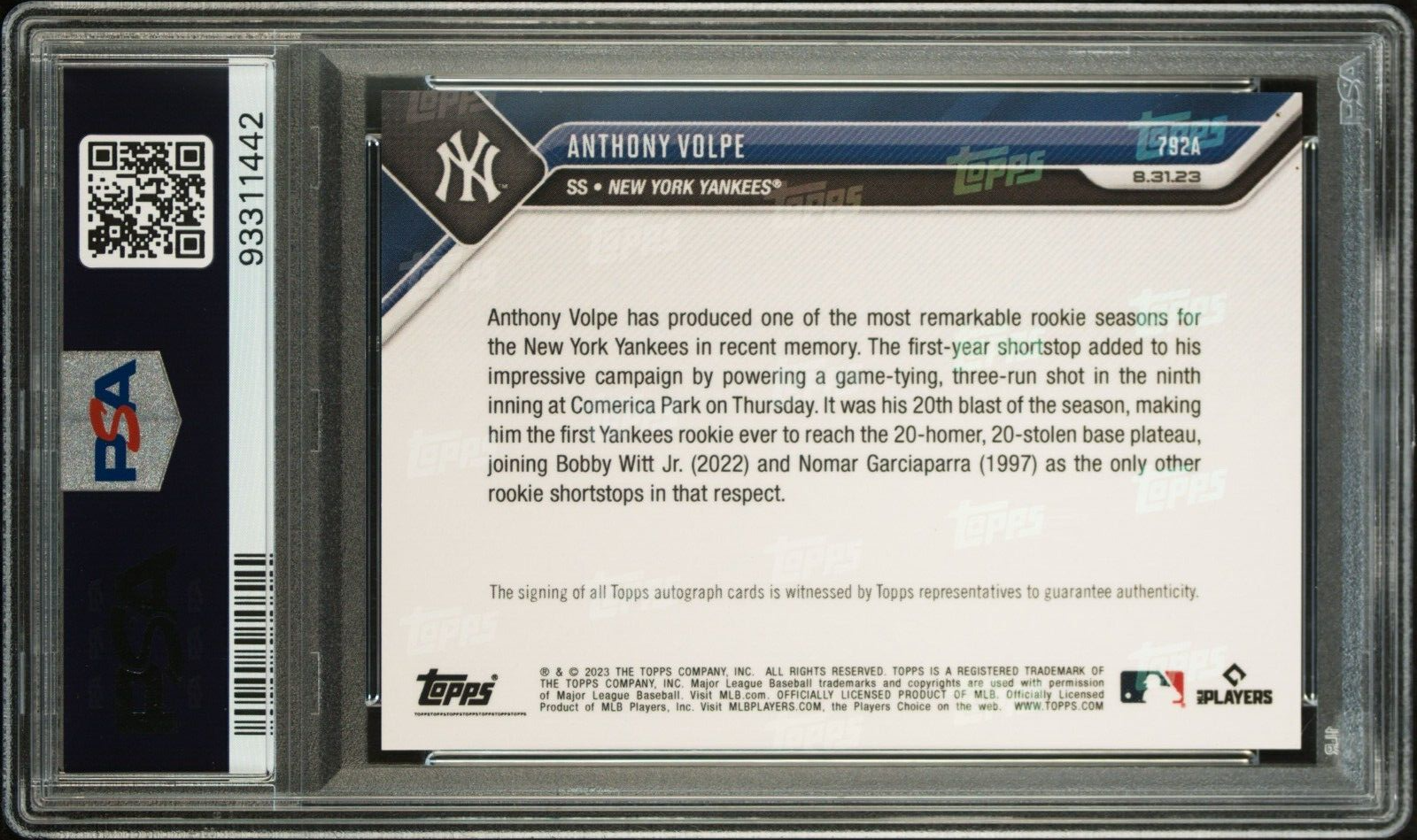 ANTHONY VOLPE- PSA 10 AUTO - 2023 TOPPS NOW 792A AUTOGRAPH YANKEES 20 HR 20 SB